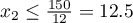 \(x_2 \le \frac{150}{12} = 12.5\)