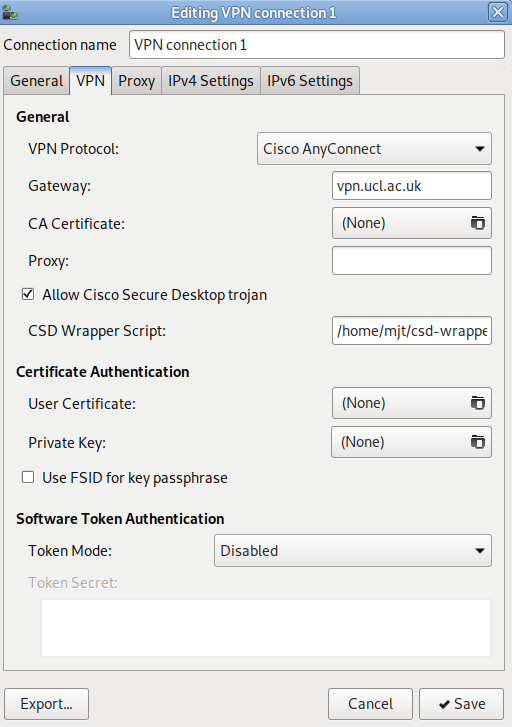 screenshot of network manager. The VPN tab is selected. VPN protocol dropdown is set to Cisco AnyConnect. Gateway is vpn.ucl.ac.uk. CA certificate is none. Proxy is blank. The Allow Cisco Secure Desktop Trojan checkbox is ticked. The CSD wrapper script box contains the path of the shell script csd-wrapper.sh. User certificate and private key are none. Use FSID for key passphrase is not checked. Token mode is set to disabled. 