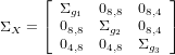       &lfloor;               &rfloor;
        &Sigma;g1  08,8  08,4
&Sigma;X  = &lceil; 08,8  &Sigma;g2  08,4 &rceil;
        04,8  04,8  &Sigma;g3
