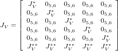      &lfloor;                         &rfloor;
        J&lowast;V   05,6 05,6 05,6 05,6
     ||  05,6  J&lowast;V  05,6 05,6 05,6 ||
     ||  05,6  05,6  J&lowast;V  05,6 05,6 ||
JV = ||  05,6  05,6 05,6  J&lowast;V  05,6 ||
     &lceil;  05,6  05,6 05,6 05,6  J&lowast;V &rceil;
        J&lowast;V&lowast;  J&lowast;V&lowast;  J&lowast;V&lowast; J &lowast;&lowast;V  JV&lowast;&lowast;
