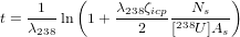          (                  )
t =-1--ln 1 + &lambda;238&zeta;icp-23N8s----
   &lambda;238          2   [  U]As
