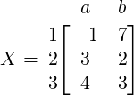   ⌊ a   b⌋
 1 - 1  7
X =  2⌈ 3   2⌉
 3  4   3
 